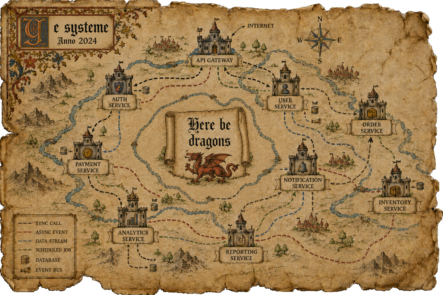 A micro-service architecture in the style of a medieval illuminated map